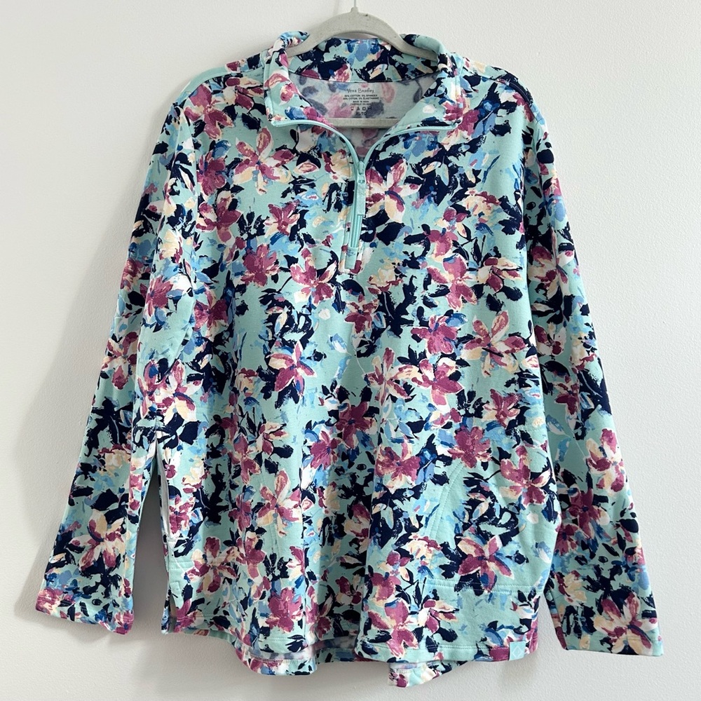 Vera Bradley French Terry Quarter-Zip Pullover in Blue and Pink Floral - X-Large - Picture 2 of 11